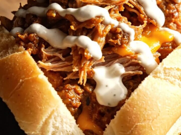 A close-up of a slow cooker filled with shredded pork carnitas, black beans, and melted cheese.