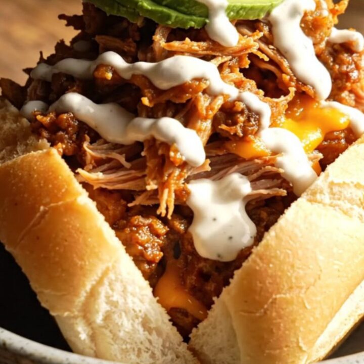 A close-up of a slow cooker filled with shredded pork carnitas, black beans, and melted cheese.