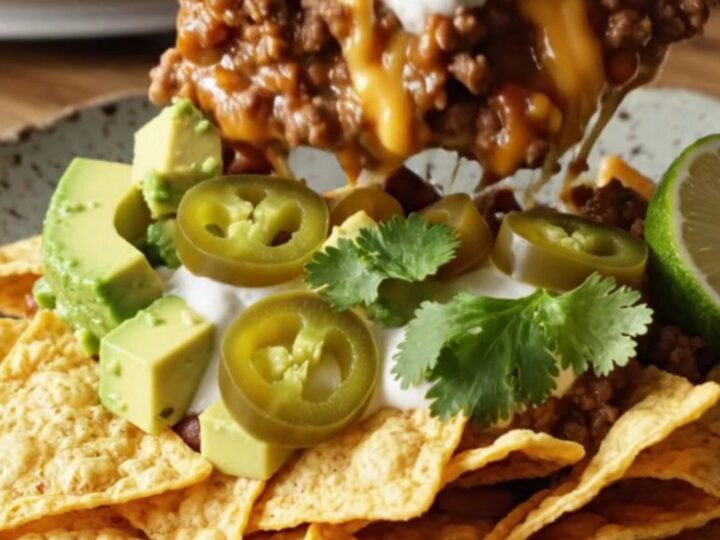 A close-up view of a slow cooker filled with bubbling Texas Frito Pie, showing melted cheese and layers of beef.