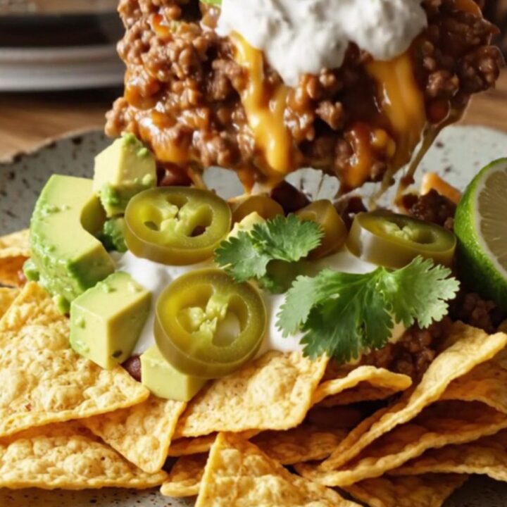 A close-up view of a slow cooker filled with bubbling Texas Frito Pie, showing melted cheese and layers of beef.