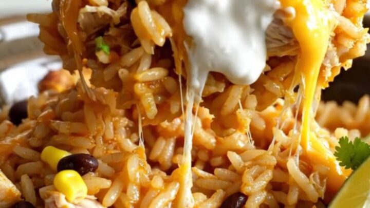A steaming scoop of creamy chicken and rice casserole topped with melted cheese in a white stoneware slow cooker.