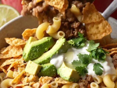 A glossy red slow cooker filled with creamy taco pasta bake topped with melted cheese and fresh cilantro.