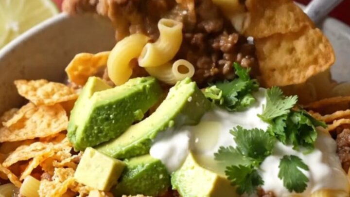 A glossy red slow cooker filled with creamy taco pasta bake topped with melted cheese and fresh cilantro.