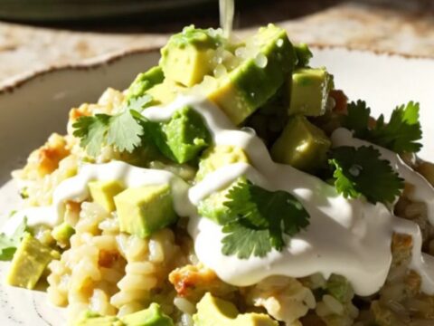 A warm, creamy Tex-Mex chicken and rice casserole served in a sage ceramic bowl, topped with avocado and cilantro.