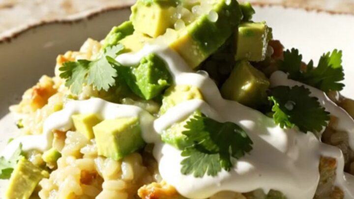 A warm, creamy Tex-Mex chicken and rice casserole served in a sage ceramic bowl, topped with avocado and cilantro.