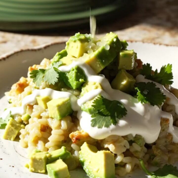 A warm, creamy Tex-Mex chicken and rice casserole served in a sage ceramic bowl, topped with avocado and cilantro.