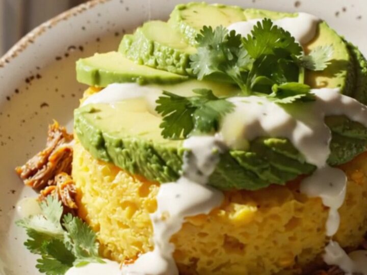 A warm, scoopable Crockpot Sweet Corn Tamalito and Shredded Beef Fiesta Bake served in a rustic ceramic dish.