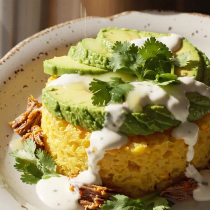 A warm, scoopable Crockpot Sweet Corn Tamalito and Shredded Beef Fiesta Bake served in a rustic ceramic dish.