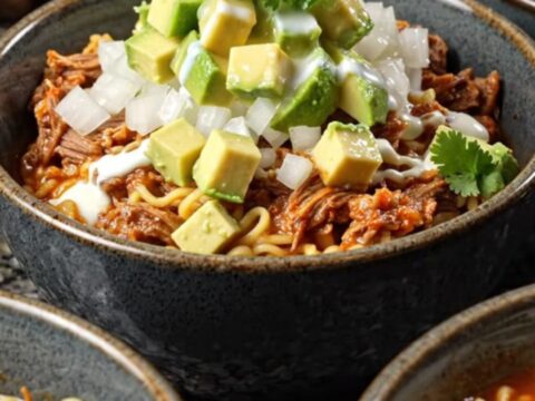 A bowl of beef birria ramen casserole topped with fresh cilantro, avocado, and lime.