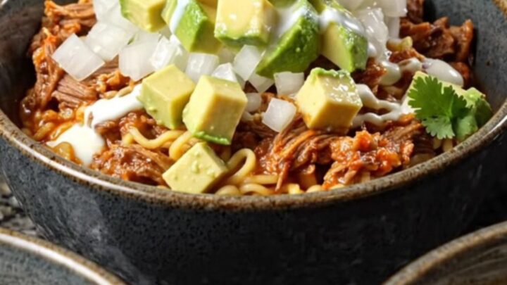A bowl of beef birria ramen casserole topped with fresh cilantro, avocado, and lime.