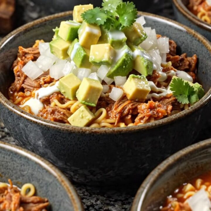 A bowl of beef birria ramen casserole topped with fresh cilantro, avocado, and lime.