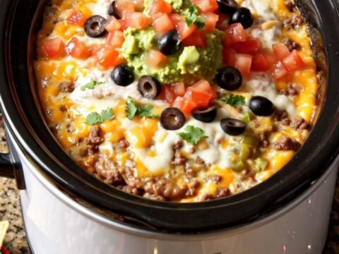 A warm, bubbling seven-layer taco dip in a white oval crockpot, topped with fresh guacamole and cilantro.