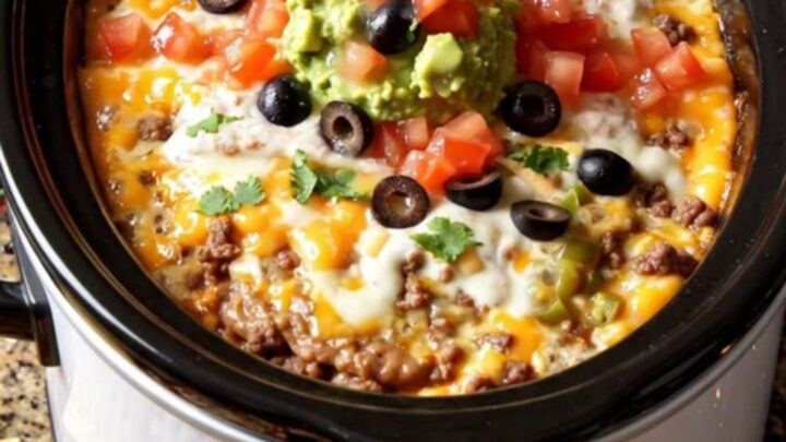 A warm, bubbling seven-layer taco dip in a white oval crockpot, topped with fresh guacamole and cilantro.