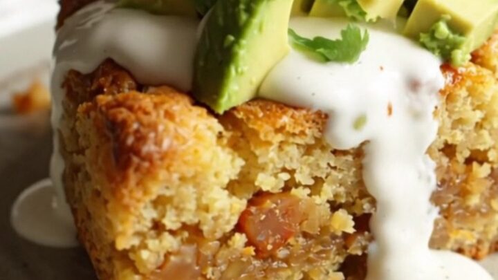 A rustic slow cooker filled with a golden, cheesy cornbread bake topped with fresh jalapeño slices and melted cheddar.