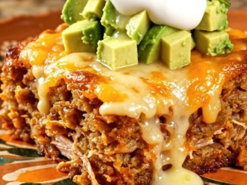 A hearty serving of slow-cooked chicken, black beans, and sweet plantains topped with melted cheese and fresh garnishes.