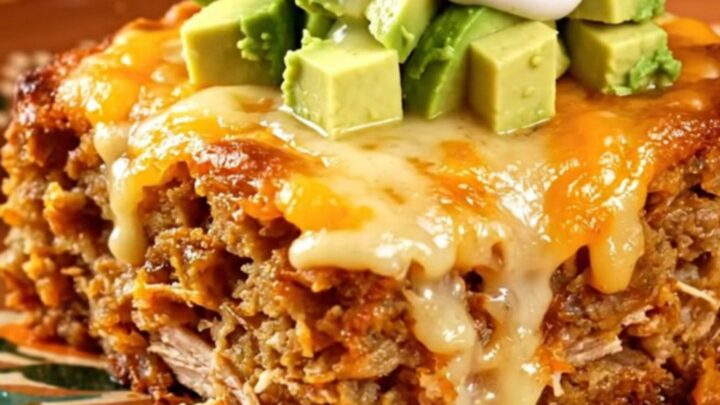 A hearty serving of slow-cooked chicken, black beans, and sweet plantains topped with melted cheese and fresh garnishes.