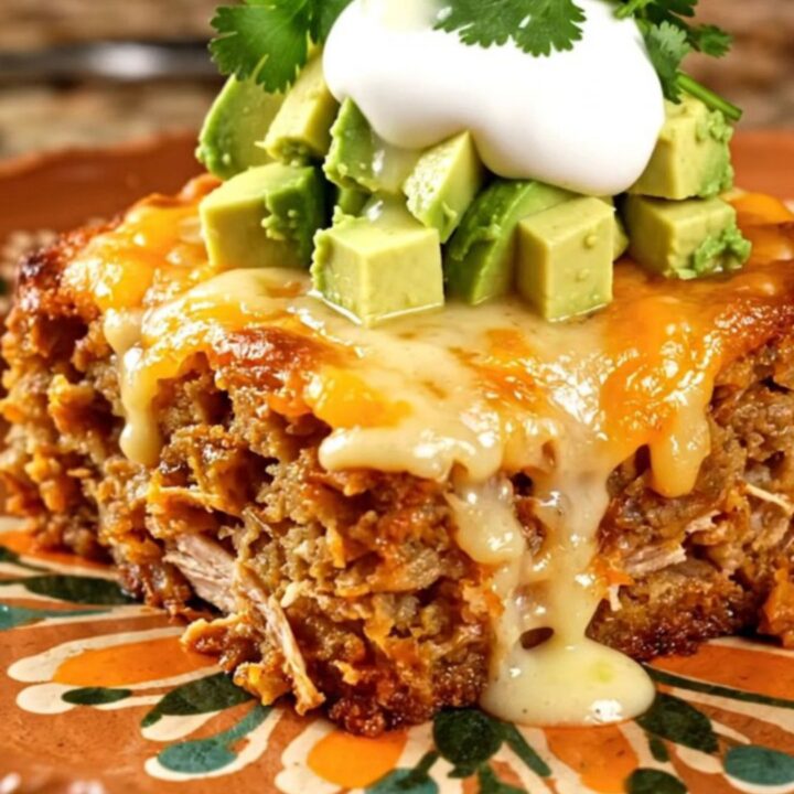 A hearty serving of slow-cooked chicken, black beans, and sweet plantains topped with melted cheese and fresh garnishes.