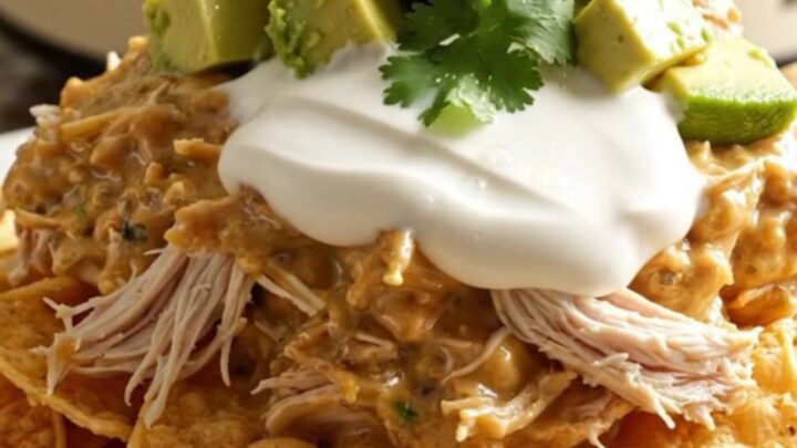 A glossy cream slow cooker filled with creamy shredded chicken, roasted poblano peppers, and melted cheese