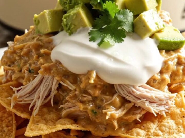 A glossy cream slow cooker filled with creamy shredded chicken, roasted poblano peppers, and melted cheese