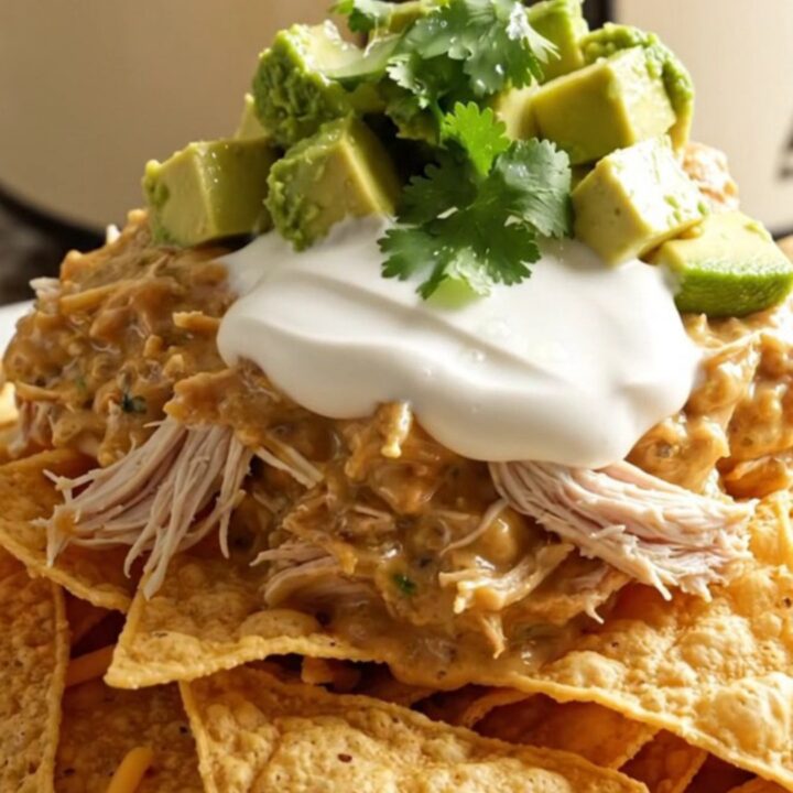 A glossy cream slow cooker filled with creamy shredded chicken, roasted poblano peppers, and melted cheese